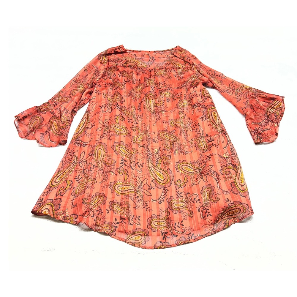 Umgee Womens Dress Medium Rust Orange Paisley Metallic Boho Bell Sleeve - Picture 9 of 12